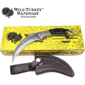 Wild Turkey Handmade Damascus Fix Blade Karambit Knife